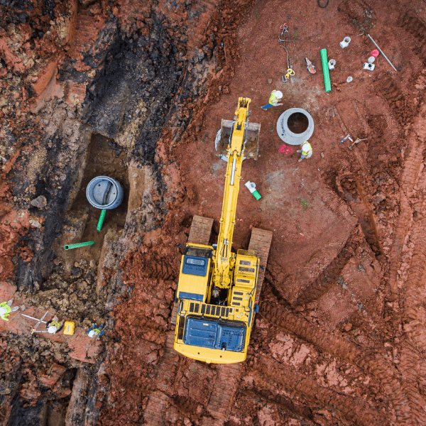 Excavator installing underground infrastructure as part of a turnkey site development project in Texas