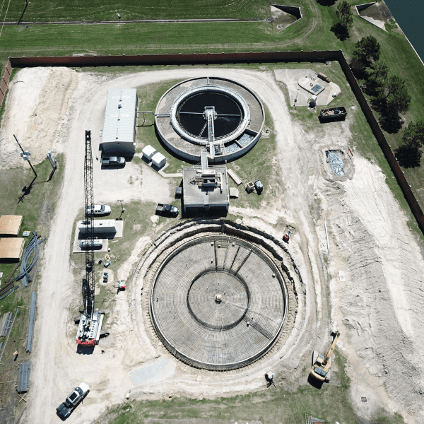 Aerial view of a wastewater treatment system under construction in Texas