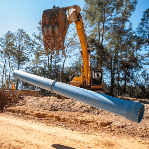 Excavator installing underground water and sewer utility infrastructure for a commercial development in Texas