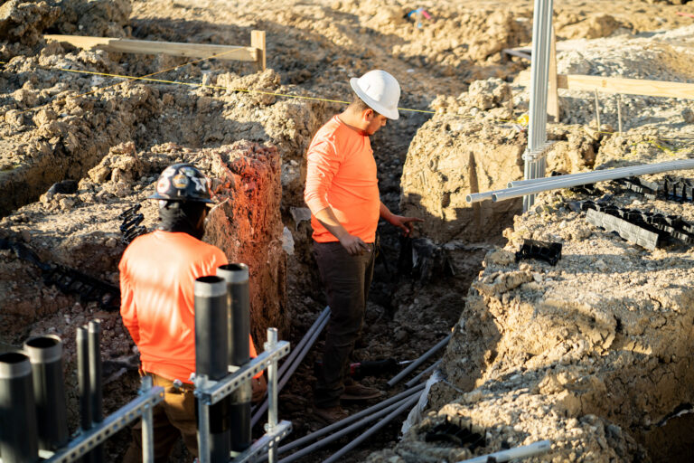 Crew installing underground electrical conduit for a commercial site development project in Texas